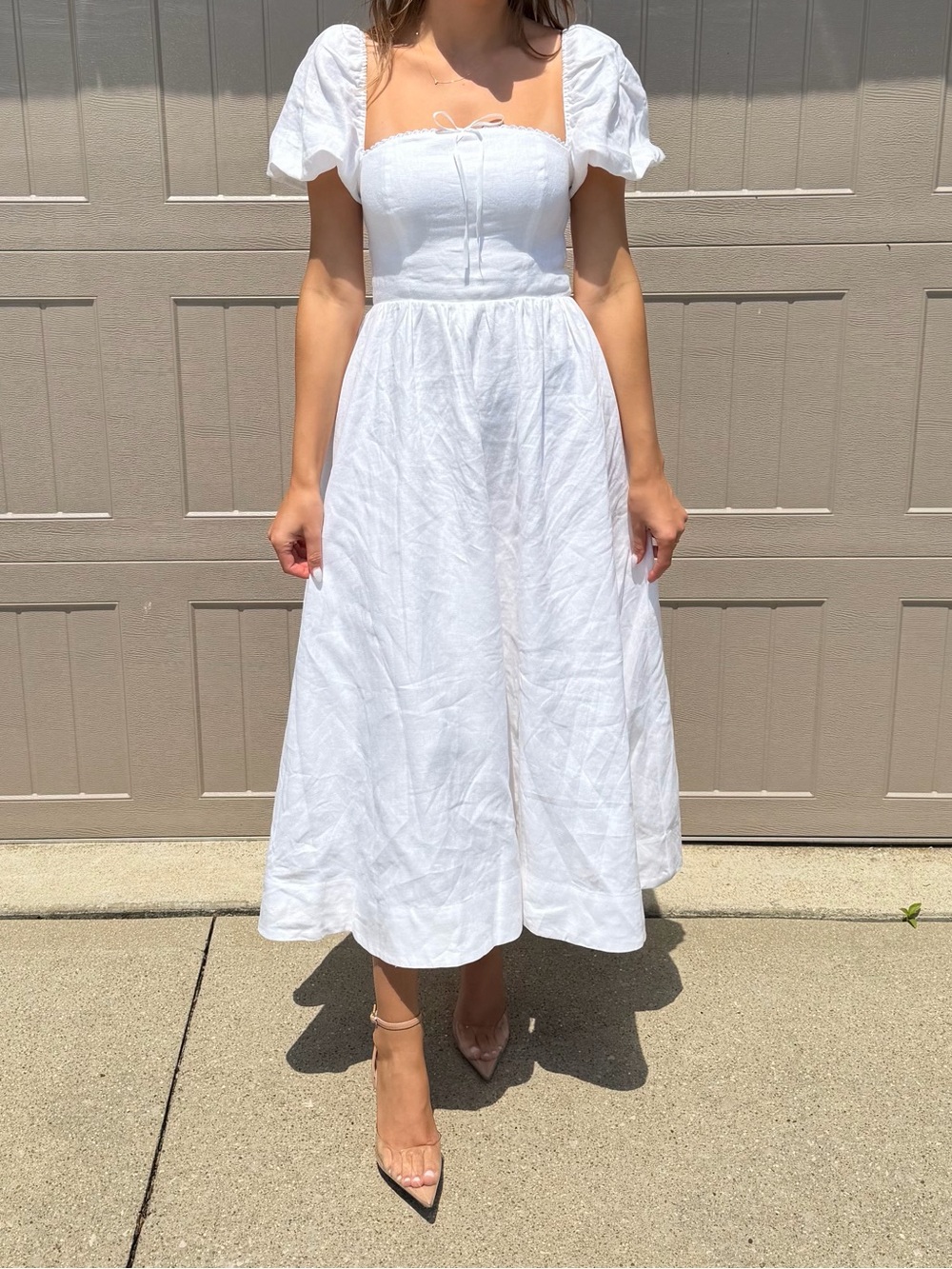 Reformation White Puff Sleeve Square Neck Midi Dress
